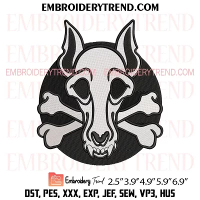 Black White Dog Skull Embroidery Design, Skeleton Dog Machine Embroidery Digitized Pes Files