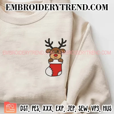 Boy Reindeer Stocking Christmas Embroidery Design, Cute Reindeer Machine Embroidery Digitized Pes Files