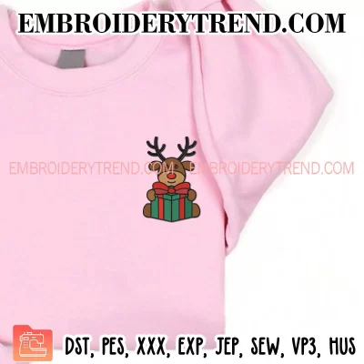 Boy Reindeer with Christmas Gift Embroidery Design, Reindeer Holiday Machine Embroidery Digitized Pes Files