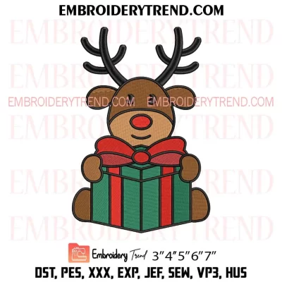 Boy Reindeer with Christmas Gift Embroidery Design, Reindeer Holiday Machine Embroidery Digitized Pes Files