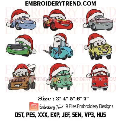 Bundle Christmas Cars Santa Embroidery Design, Pixar Cars Merry Christmas Machine Embroidery Digitized Pes Files