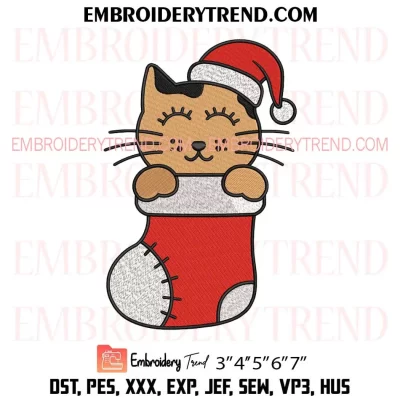 Cat in Stocking Christmas Embroidery Design, Gift Cat Lover Machine Embroidery Digitized Pes Files