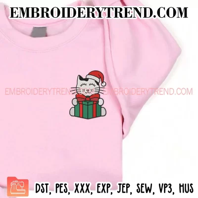 Cat with Christmas Gift Embroidery Design, Cat Santa Holiday Machine Embroidery Digitized Pes Files