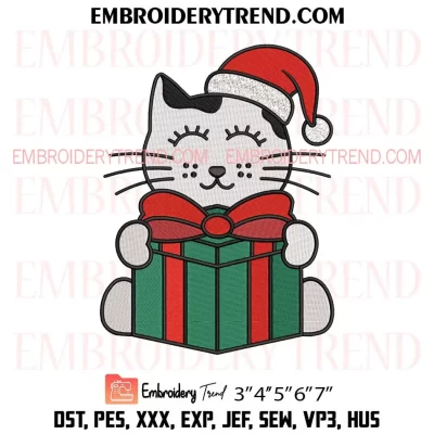 Cat with Christmas Gift Embroidery Design, Cat Santa Holiday Machine Embroidery Digitized Pes Files