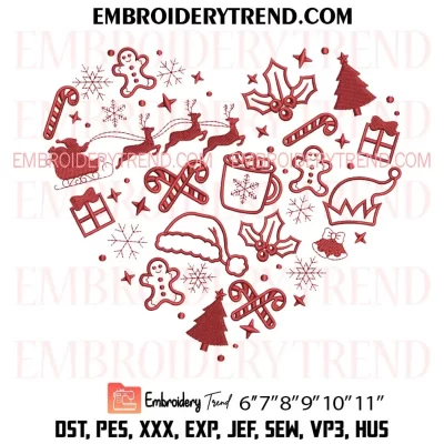 Christmas Heart Icons Embroidery Design, Santa Gingerbread Man Candy Cane Machine Embroidery Digitized Pes Files