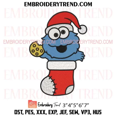 Cookie Monster in Stocking Christmas Embroidery Design, Funny Cookie Monster Santa Claus Machine Embroidery Digitized Pes Files