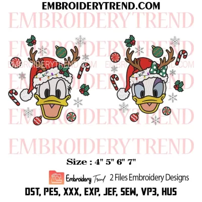 Couple Donald and Daisy Duck Face Reindeer Christmas Embroidery Design, Bundle Disney Santa Hat Machine Embroidery Digitized Pes Files