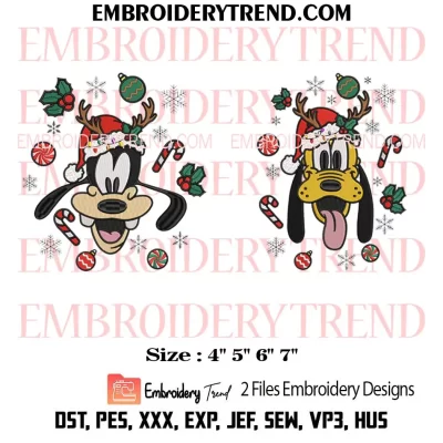 Couple Goofy and Pluto Face Reindeer Christmas Embroidery Design, Bundle Disney Santa Hat Machine Embroidery Digitized Pes Files