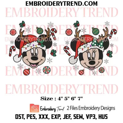 Couple Mickey Minnie Face Reindeer Christmas Embroidery Design, Bundle Mickey Minnie Santa Hat Machine Embroidery Digitized Pes Files