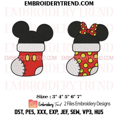 Couple Mickey and Minnie in Stocking Embroidery Design, Bundle Disney Mouse Machine Embroidery Digitized Pes Files