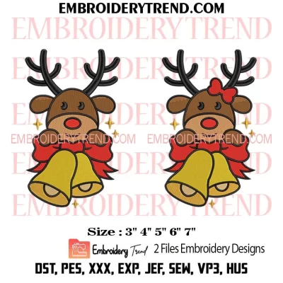 Couple Reindeer Christmas Embroidery Design, Bundle Reindeer and Bells Machine Embroidery Digitized Pes Files