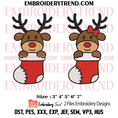 Couple Reindeer in Stocking Christmas Embroidery Design, Bundle Cute Reindeer Machine Embroidery Digitized Pes Files