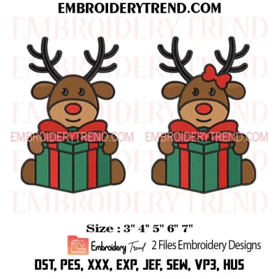 Couple Reindeer with Christmas Gift Embroidery Design, Bundle Reindeer Xmas Machine Embroidery Digitized Pes Files