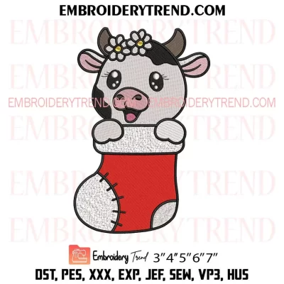 Girl Cow in Stocking Christmas Embroidery Design, Cute Dairy Cow Machine Embroidery Digitized Pes Files