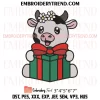 Girl Cow with Christmas Gift Embroidery Design, Cute Dairy Cow Holiday Machine Embroidery Digitized Pes Files