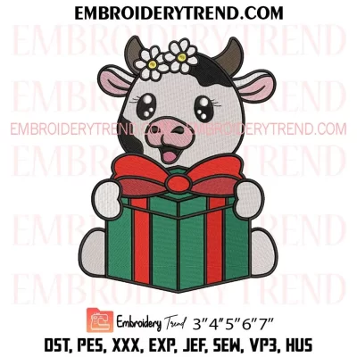 Cow with Christmas Gift Embroidery Design, Dairy Cow Holiday Machine Embroidery Digitized Pes Files