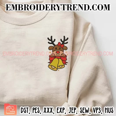 Cute Girl Reindeer Christmas Embroidery Design, Reindeer and Christmas Bells Machine Embroidery Digitized Pes Files