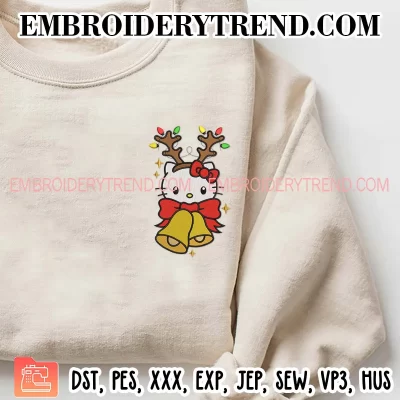 Cute Kitty Reindeer Christmas Embroidery Design, Hello Kitty Christmas Bells Machine Embroidery Digitized Pes Files