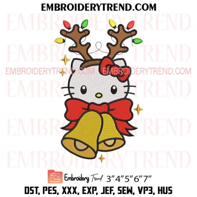 Cute Kitty Reindeer Christmas Embroidery Design, Hello Kitty Christmas Bells Machine Embroidery Digitized Pes Files