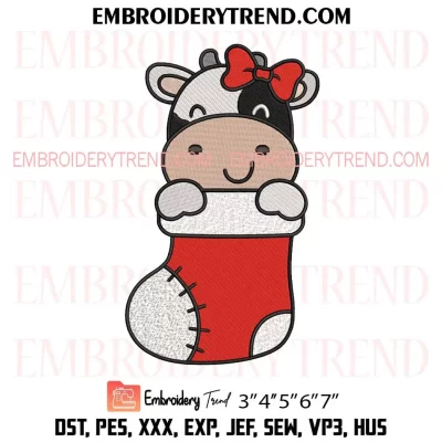 Girl Cow in Stocking Christmas Embroidery Design, Cute Dairy Cow Machine Embroidery Digitized Pes Files