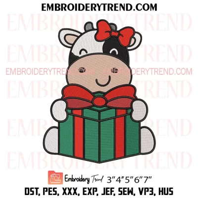 Girl Cow in Stocking Christmas Embroidery Design, Cute Dairy Cow Machine Embroidery Digitized Pes Files