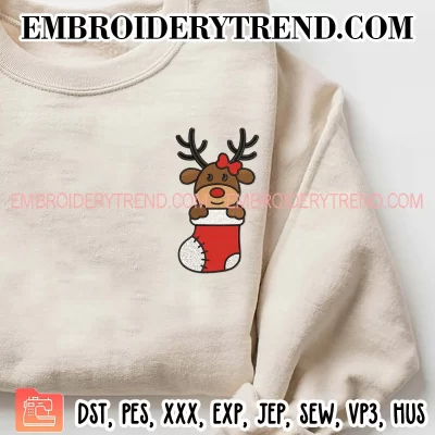 Girl Reindeer Stocking Christmas Embroidery Design, Cute Reindeer Machine Embroidery Digitized Pes Files