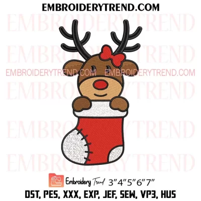 Girl Reindeer Stocking Christmas Embroidery Design, Cute Reindeer Machine Embroidery Digitized Pes Files