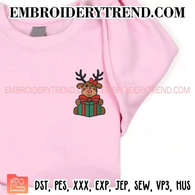 Girl Reindeer with Christmas Gift Embroidery Design, Reindeer Holiday Machine Embroidery Digitized Pes Files