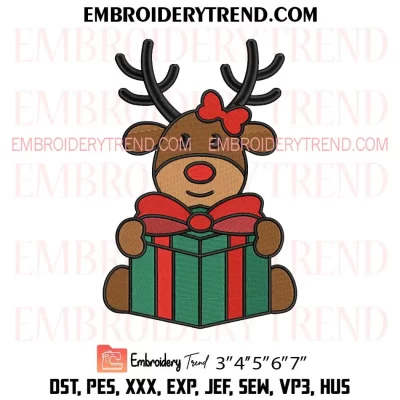 Girl Reindeer with Christmas Gift Embroidery Design, Reindeer Holiday Machine Embroidery Digitized Pes Files