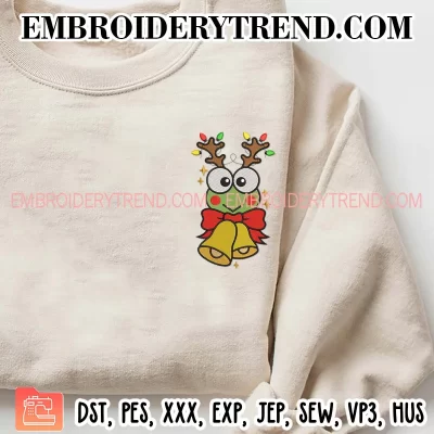 Keroppi Reindeer Christmas Embroidery Design, Keroppi and Christmas Bells Machine Embroidery Digitized Pes Files