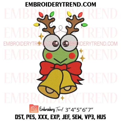 Keroppi Reindeer Christmas Embroidery Design, Keroppi and Christmas Bells Machine Embroidery Digitized Pes Files