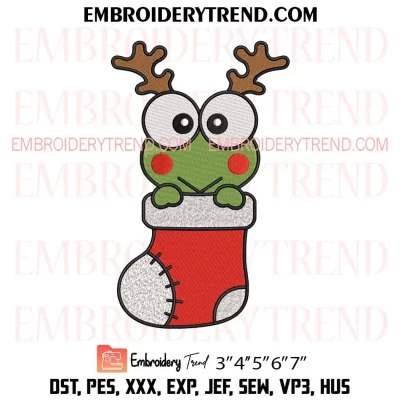 Keroppi in Stocking Christmas Embroidery Design, Keroppi Reindeer Machine Embroidery Digitized Pes Files