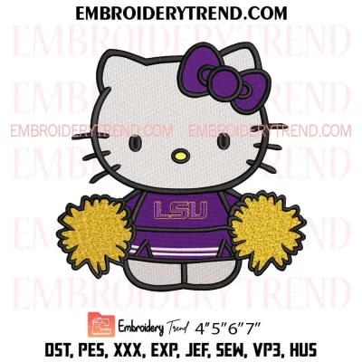 LSU Tigers Hello Kitty Cheerleader Embroidery Design, LSU Tigers Fan Machine Embroidery Digitized Pes Files