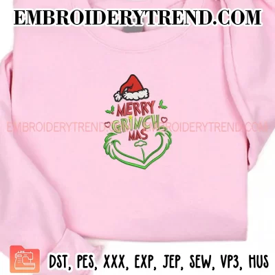 Merry Grinchmas Grinch Smile Embroidery Design, Grinch Santa Hat Machine Embroidery Digitized Pes Files