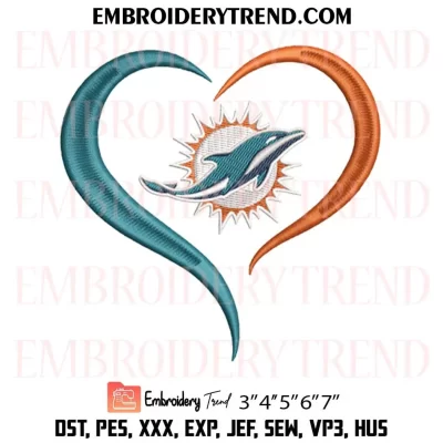 Miami Dolphins Heart Embroidery Design, NFL Football Lover Machine Embroidery Digitized Pes Files