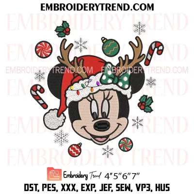 Minnie Face Reindeer Christmas Embroidery Design, Disney Santa Minnie Machine Embroidery Digitized Pes Files