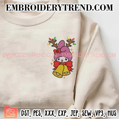 My Melody Reindeer Christmas Embroidery Design, My Melody and Christmas Bells Machine Embroidery Digitized Pes Files