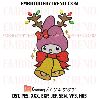 My Melody Reindeer Christmas Embroidery Design, My Melody and Christmas Bells Machine Embroidery Digitized Pes Files