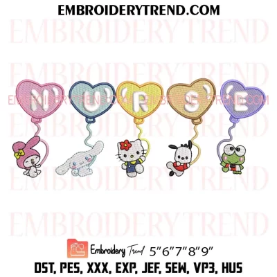 Nurse Kitty and Friends Holding Balloons Embroidery Design, Cute Nurse Gift Machine Embroidery Digitized Pes Files