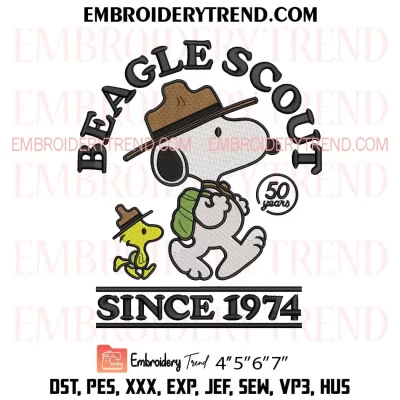 Peanuts Beagle Scout Since 1974 Embroidery Design, Snoopy and Woodstock Machine Embroidery Digitized Pes Files