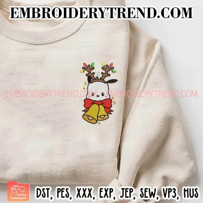 Pochacco Reindeer Christmas Embroidery Design, Pochacco and Christmas Bells Machine Embroidery Digitized Pes Files