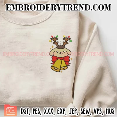 Pompompurin Reindeer Christmas Embroidery Design, Pompompurin and Christmas Bells Machine Embroidery Digitized Pes Files