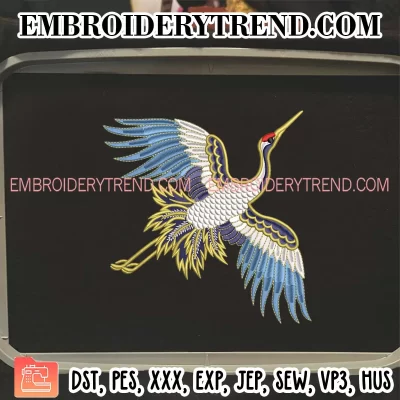 Red Crowned Crane Embroidery Design, Flying Crane Machine Embroidery Digitized Pes Files