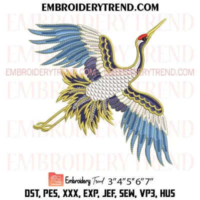 Red Crowned Crane Embroidery Design, Flying Crane Machine Embroidery Digitized Pes Files