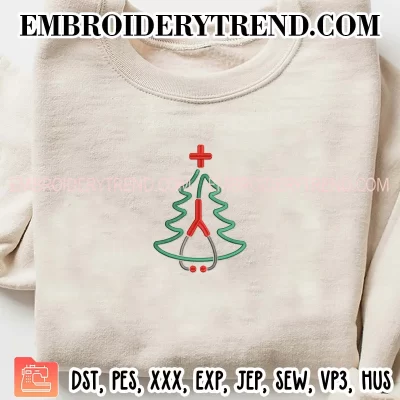 Stethoscope Christmas Tree Embroidery Design, Nurse Christmas Gift Machine Embroidery Digitized Pes Files