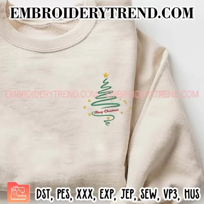 Tree Merry Christmas Embroidery Design, Xmas Tree Machine Embroidery Digitized Pes Files