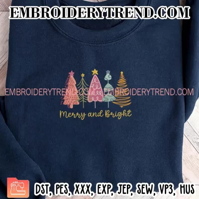 Trees Merry and Bright Embroidery Design, Retro Pink Christmas Tree Machine Embroidery Digitized Pes Files