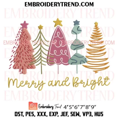 Trees Merry and Bright Embroidery Design, Retro Pink Christmas Tree Machine Embroidery Digitized Pes Files