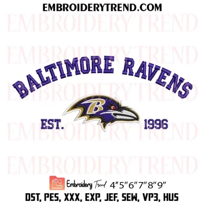 Baltimore Ravens Est 1996 Embroidery Design, NFL Logo Machine Embroidery Digitized Pes Files