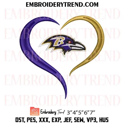 Baltimore Ravens Heart Embroidery Design, Football Lover Ravens Machine Embroidery Digitized Pes Files